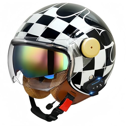 3/4-Bluetooth-Helm mit offenem Gesicht, Vintage-Motorrad-Halbhelm, ECE-zugelassenes Moped mit Doppelvisier, Motorradhelm für Männer, Erwachsene, Frauen A,XXL63-64CM