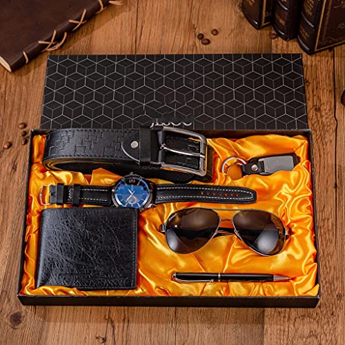 NEWNAN 6 Teile/Satz Herren Boutique Geschenk Set Schwarz Braun Quarzuhr Brille Gürtel Brieftasche Schlüsselbund Kugelschreiber Anzug mit Box Geschenke