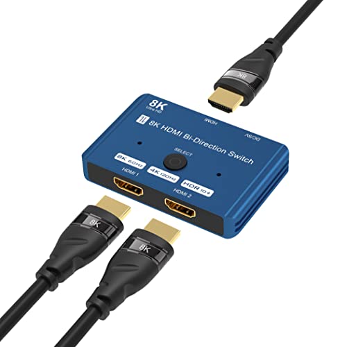 CABLEDECONN HDMI 2.1 Ultra 8K HDR 10 Bi-Directional Switch 8K@60Hz 4K@120Hz 1in 2out 2in 1out Two Way High Speed 48Gbps eARC Splitter(Singal Display) Converter Compatible with Xbox X PS5 Blue