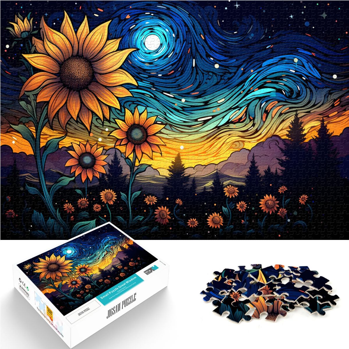 Puzzles Lernspiele Bunte psychedelische Sonnenblumen im Sternenhimmel für Erwachsene 1000-teiliges Puzzle Lernspiele Holzpuzzle Unmögliches Puzzle 1000 Teile (50 x 75 cm)