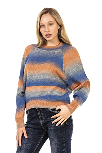 Cipo & Baxx Damen Strick Pullover Raglanärmeln Pulli Sweatshirt Streifen WP211 Blau-Orange XL