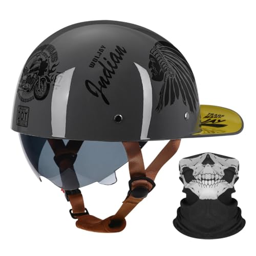 Motorrad Halbhelm Halbschalenhelm Baseballmütze-Helm Mit Gesichtsschutz ECE-Zulassung Baseball Cap Motorradhelm Mit Schrumpfbare Braune Linsen Schnellverschluss 55-64CM