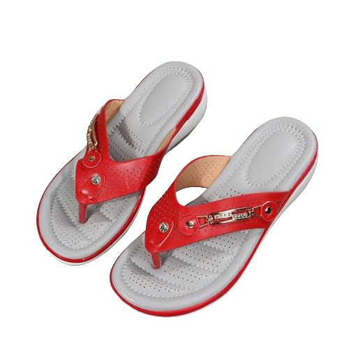 letaofang Orthopädische Zehentrenner Sandalen Damen Fashion Strass Flip-Flops 2023 Sommer PU-Leder Clip -Toe Pantoffeln Gummi Plateau Slippers Freizeit Strandschuhe