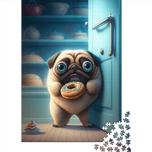 Kunstpuzzle für Erwachsene, 1000 Teile, Mops stiehlt Donuts, Puzzle für Erwachsene und Jugendliche, Weihnachtsgeburtstagsgeschenk für Erwachsene und Jugendliche (Größe: 75 x 50 cm)