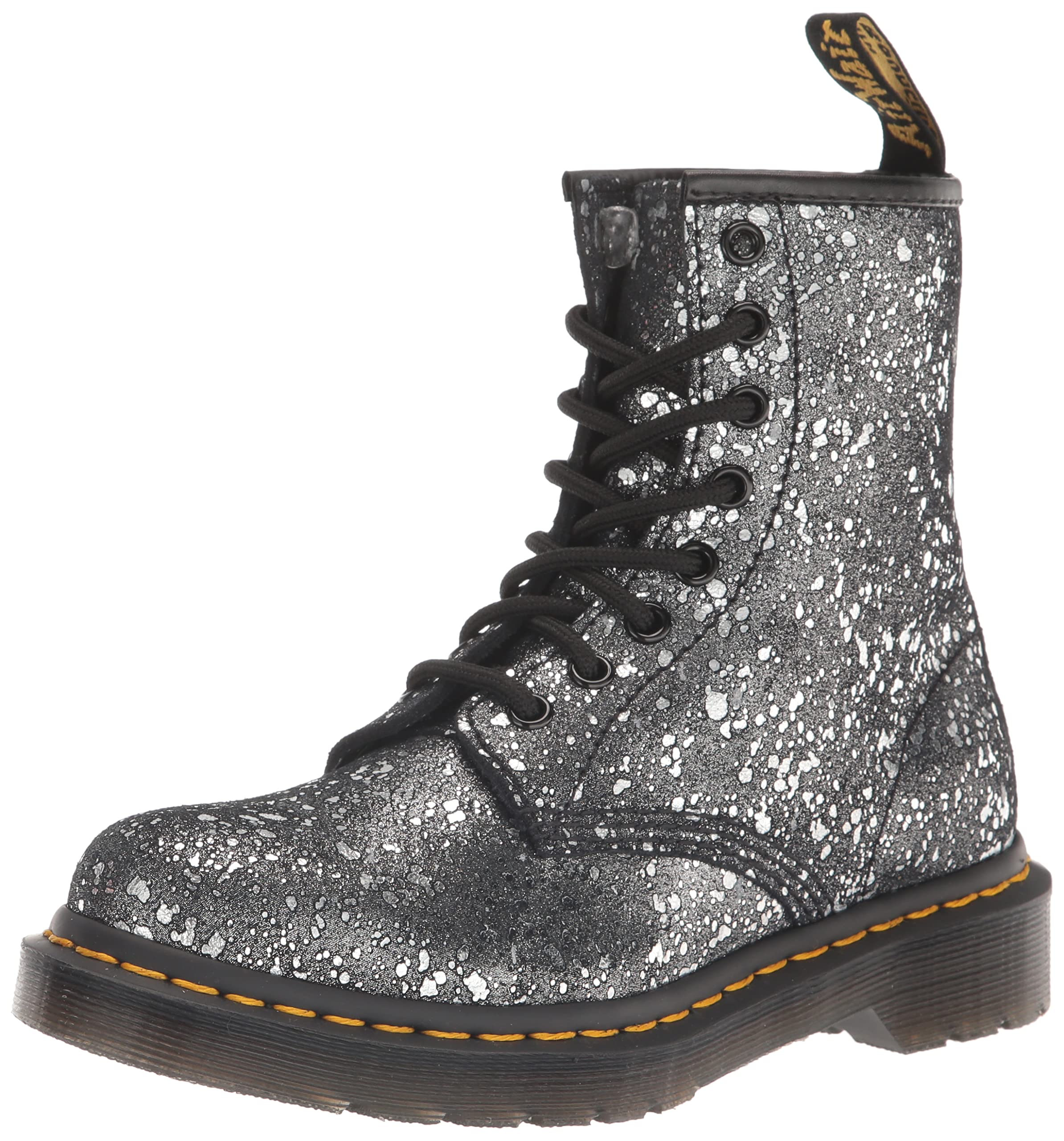 Dr. Martens Women's 1460 8 Eye Boot Fashion, Black Metallic Paint Splatter Suede, 11