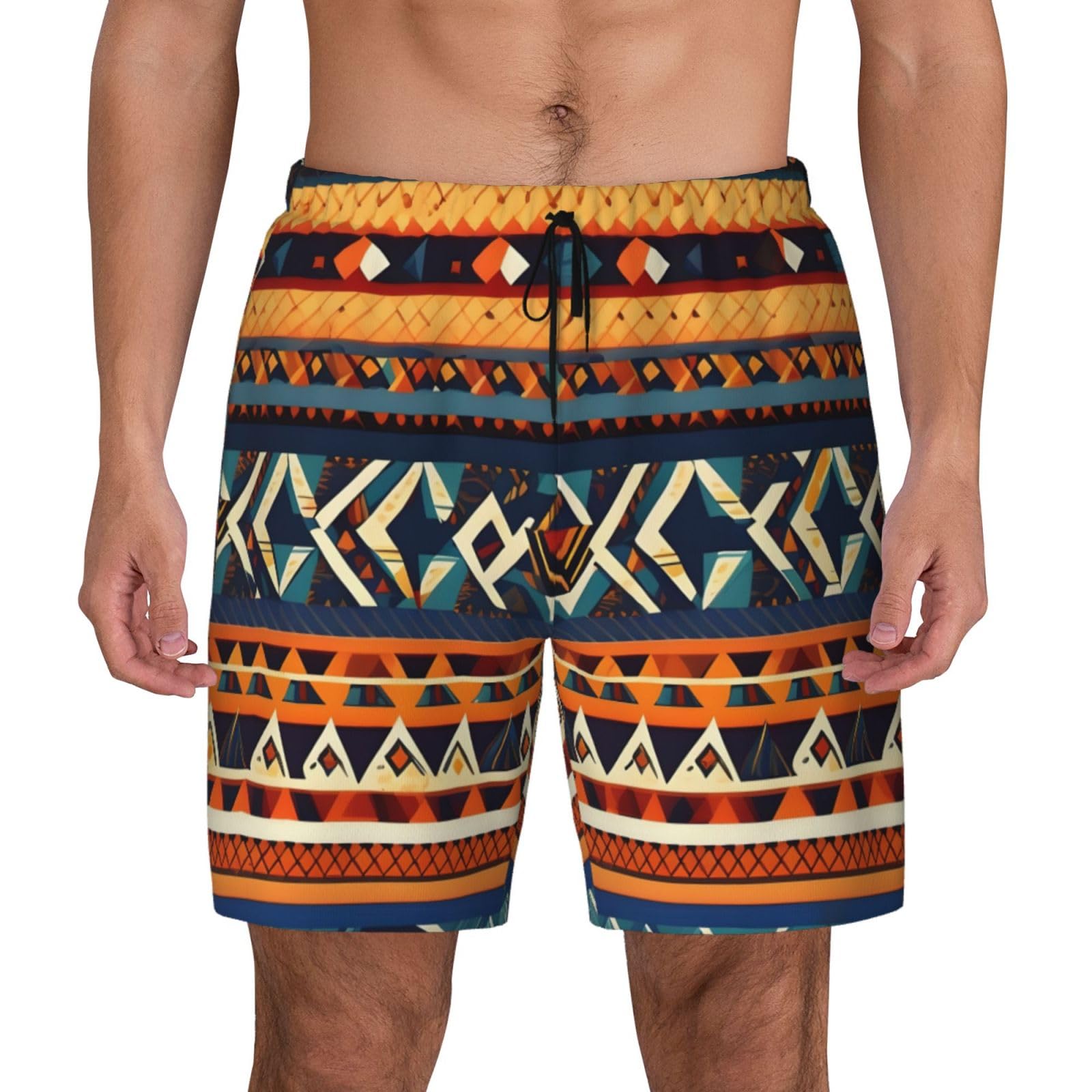 Herren-Badehose mit afrikanischem Nationalmuster, mit Kompressionsfutter, lässige Shorts, Sommer, Strand, schnell trocknende Shorts, Schwarz, Large