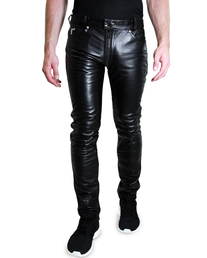 Bockle® 1991 Gay-Zip Leder Jeans Tube Röhre Skinny Slim Fit Herren Lederhose mit durchgehendem Reißverschluss Zip Lederjeans Herren Echtleder, Size: 40W / 36L