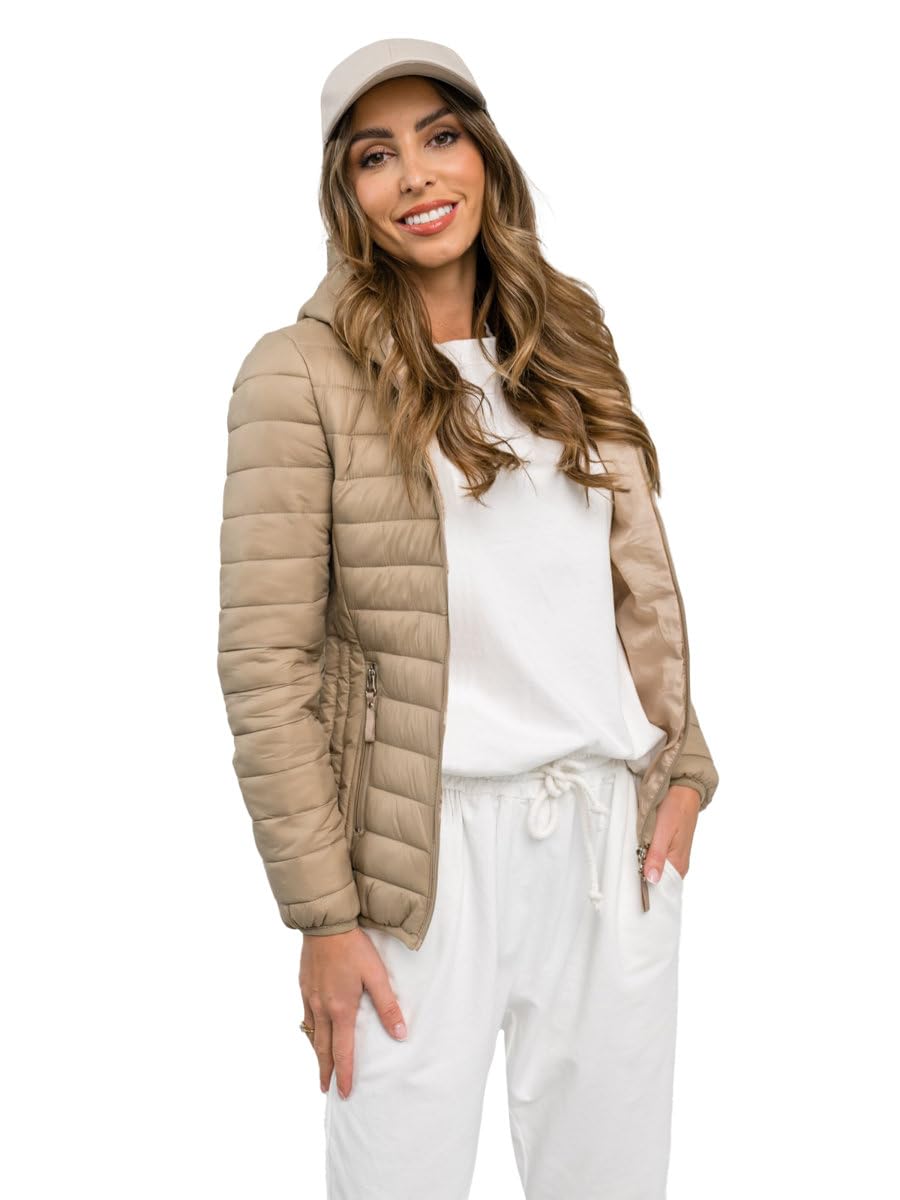 BOLF Damen Übergangsjacke Steppjacke Stehkragen Daunenjacke Reißverschluss Sportjacke Zip Wärme Freizeit Sport Basic Outdoor Casual Style B0123 Beige L [D4D]