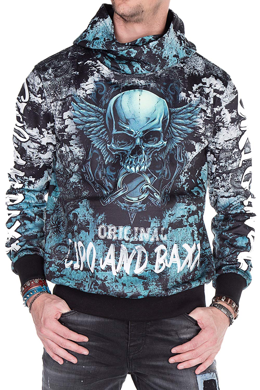 Cipo & Baxx Herren Sweatshirt Langarmshirt Longsleeve Totenkopf Pullover Sweater Kapuzenpullover Hoodie CL271 Schwarz S