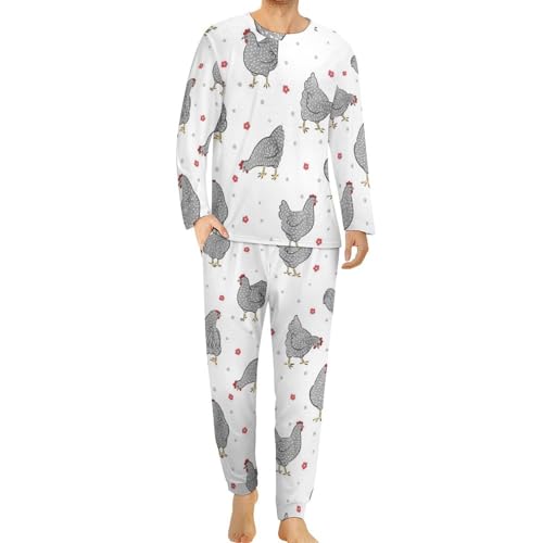 HABXNJF Herren Rundhals Schlafanzug Set, Niedlicher Huhn Schlafanzug für Männer, Herren Pyjama mit Taschen, Süßes Huhn, XL