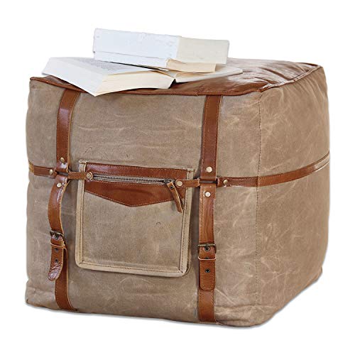 Loberon® Hocker Edwin, Baumwolle/Ziegenleder, H/B/T ca. 45/45 / 45 cm, Khaki/braun