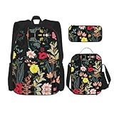 WURTON Farbenfroher Boho-Blumendruck, trendiger Rucksack, Tasche, Lunchbox und Federmäppchen, 3-in-1, verstellbares Rucksack-Set, Schwarz , Einheitsgröße