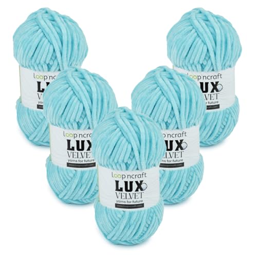 Chenille Wolle 5er-Set, Baby Blau, Loopncraft, 5 X 100g, Lux Velvet, Super Weiches Samtgarn