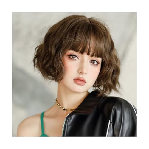 Elegant 1 Stück, Perücke für Damen, kurzes Haar, kurzes lockiges Haar, Ganzkopf-Set, modischer Bob, 27 cm, dunkle Curry-Farbe Natürlich und echt