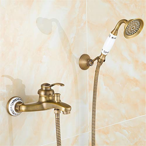 Antiker Duschhahn für Badezimmer, Wandmontage, Messing-Finish, einfacher Duschhahn, elegante Badewanne, Dusche, Vintage-Luxus-Duschsystem, inklusive Handbrause, 005