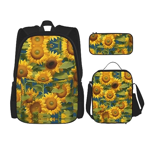 WURTON Sommer-Sonnenblumen-Druck, Reise-Lunchbox, Federmäppchen, Rucksack-Set, 3-teilig, verstellbare Riemen, leicht, Schwarz, Einheitsgröße