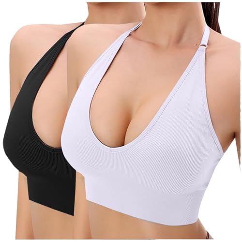 Sport BH 2er Pack Damen ohne Bügel Sports Bra Einfarbig Gefädelt Büste Dünne Träger Bustier Frauen Klassische Schönen Rücken Bralette Women Nahtlose Joggen Yoga Sportbh Fitness Dessous