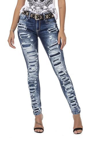 Cipo & Baxx Damen Jeans Hose Slim-Fit Destroyed Freizeithose Denim WD479 Blau W31 L34