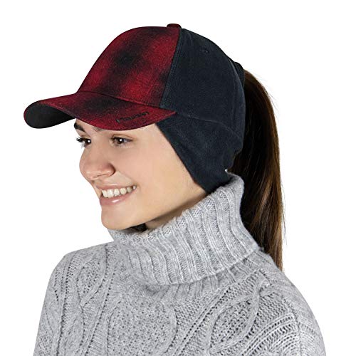 TrailHeads Winter Pony Cap Damen - Baseball Cap mit Ausklappbaren Ohrenwärmern - Rot Kariert