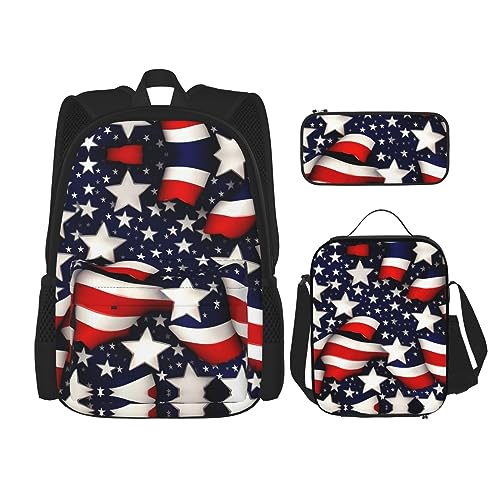 YQxwJL 3-in-1-Rucksack-Büchertaschen-Set, Barber Shop, einfarbiger Druck, lässiger Reiserucksack, mit Federmäppchen, Lunchtasche, Amerikanische Flagge, Sterne, Streifen, Einheitsgröße