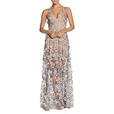 Dress the Population Damen Sidney 3d Floral Plungin Long Illusion Gown Kleid, Sidney Mineral Blue, L EU