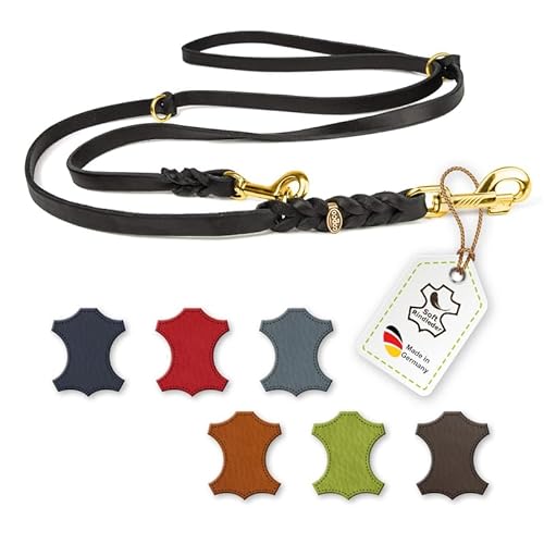 CopcoPet – Fettlederleine für Hunde – 3-fach verstellbare Hundeleine aus weichem Leder mit Karabinern & Beschlägen aus Messing – geflochtene Führleine 100% Handmade in Germany (2,40m x 12mm | Schwarz)