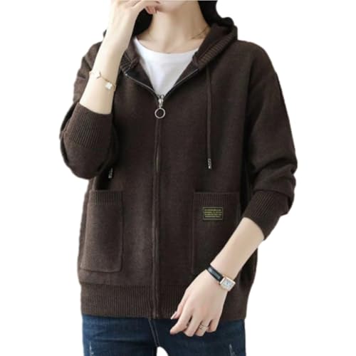 WINDEHAO Woll-Cardigan mit Kapuze und Reißverschluss, für Damen, lockerer Strickwarenpullover, Cardigan, Pullover mit Taschen (Braun, Einheitsgröße)