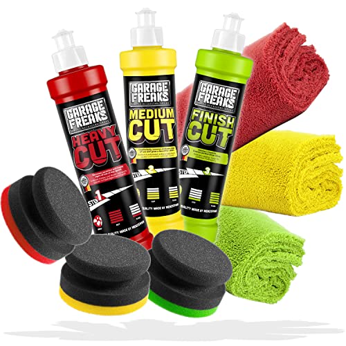 Garage Freaks Handpolitur Set Premiumpaket: Heavy Cut 250ml + Medium Cut 250ml + Finish Cut 250ml + 3X Polierschwamm + 3X Mikrofaser Poliertücher 40x40cm 550GSM - Für eine optimale Auto Politur