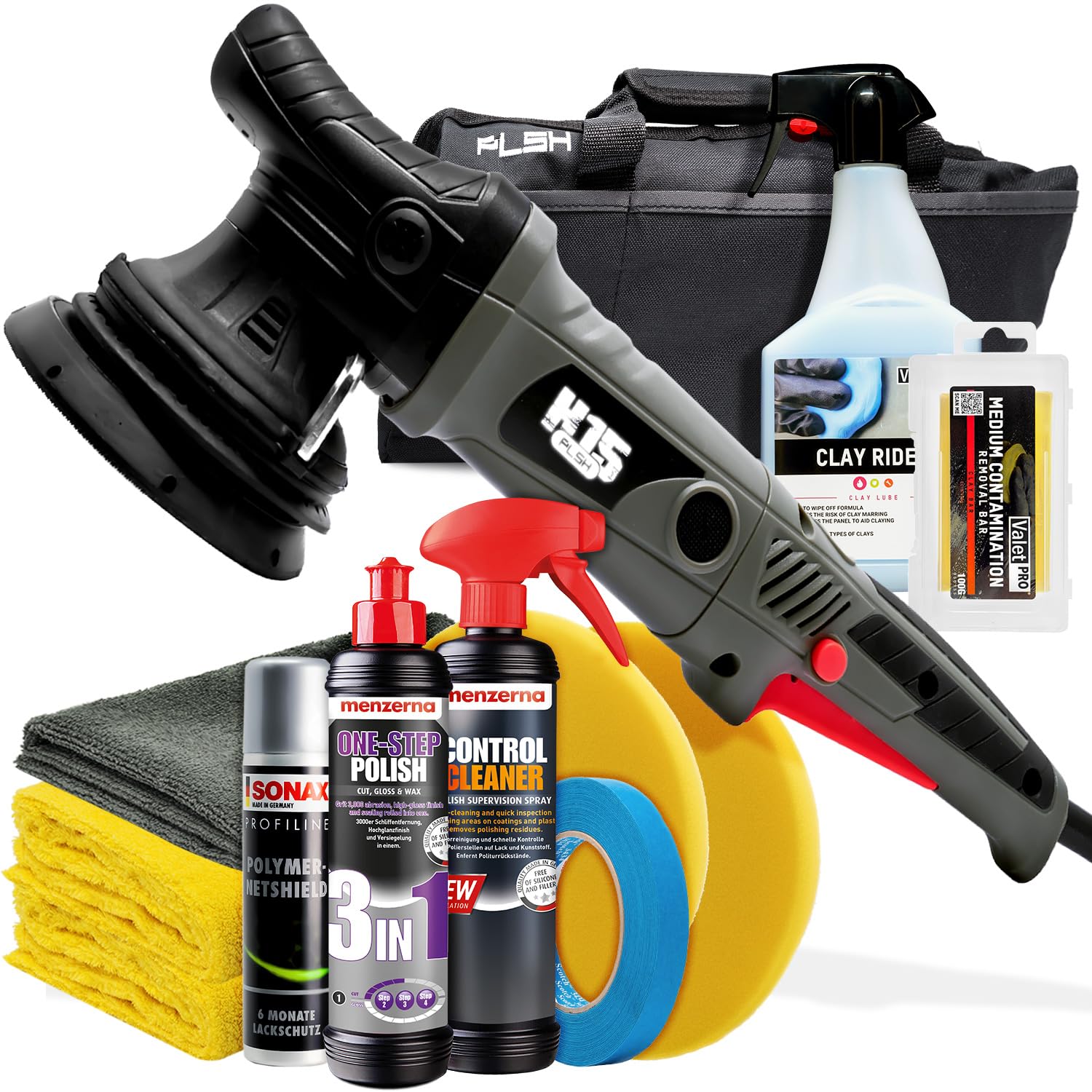 Auto Politur Bundle: PLSH H15 Poliermaschine + Menzerna One-Step Politur 0,25L, Control Cleaner 0,5L + ValetPro Knete + ValetPRO Clay Rider 0,5L + SONAX Versiegelung 75ml + detailmate Mikrofaser