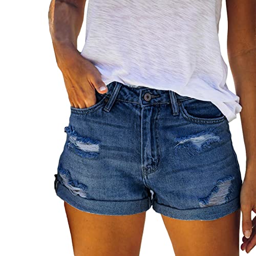 Lambo Jeansshorts für Damen,Shorts für Damen Denim - Hochelastische, zerrissene Denim-Shorts mit gefaltetem Saum,Blaue Jeansshorts für Damen, Sommershorts für den täglichen Gebrauch