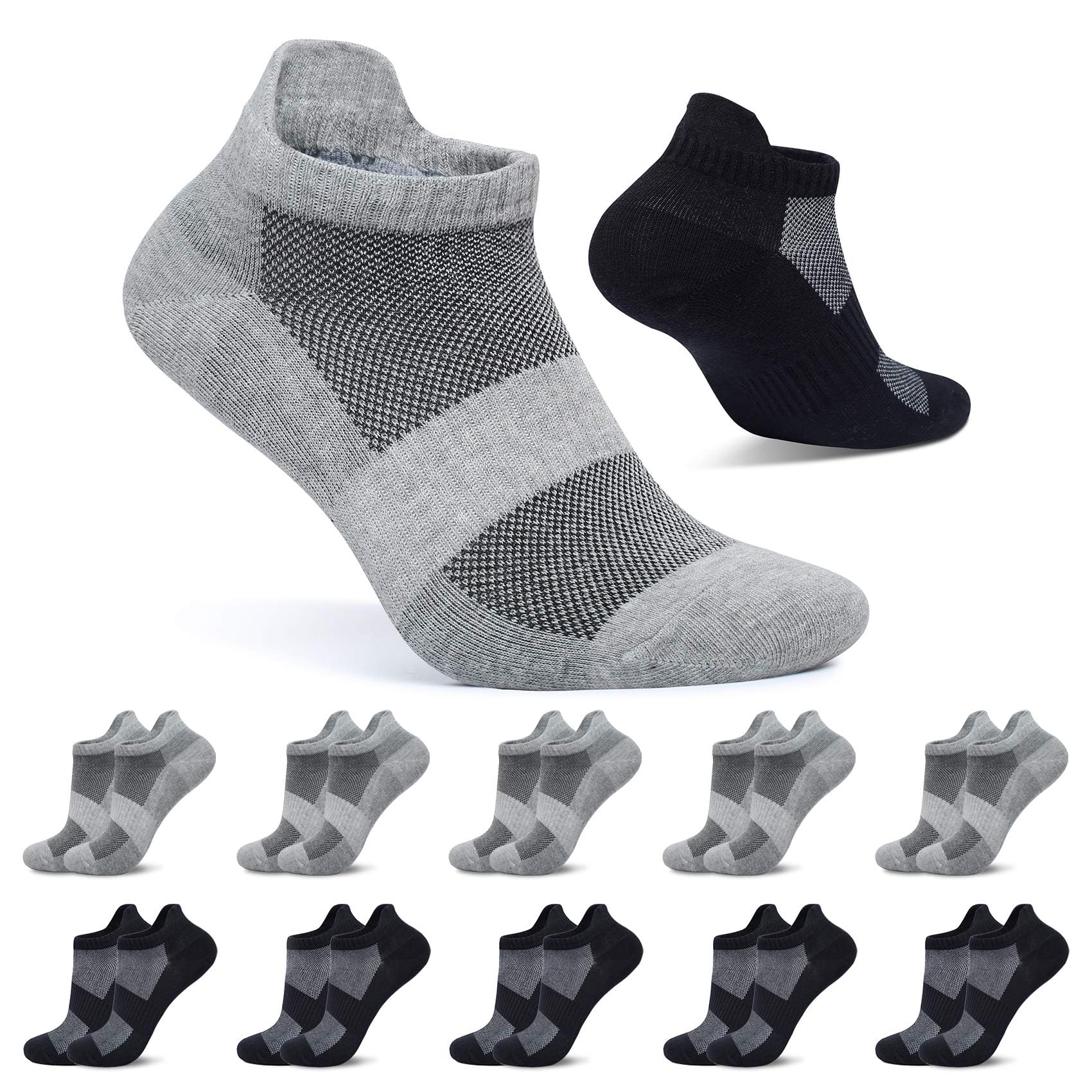 FALARY Sneaker Socken Damen Kurze Socken Herren 47-50 Schwarz Grau 10 Paar Sportsocken Baumwolle Atmungsaktive Laufsocken Unisex