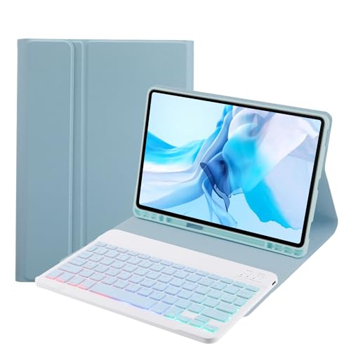 SUEEWE Tastatur Hülle für iPad Air 11" 2024 (A2902) & iPad Air 5./4. Generation, TPU Rückseite Hülle mit 3 Bereich 7 Farbe Beleuchtete Abnehmbarer QWERTZ Tastatur, Blau