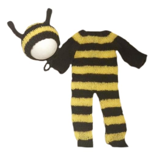 Aurgiarme 2Pcs Fotografie Requisiten Outfit Baby Bee Strampler Set Kleinkinder Foto Kappe Body Gestrickte Wolle Kleidung Foto Requisiten Möbel Stuhl