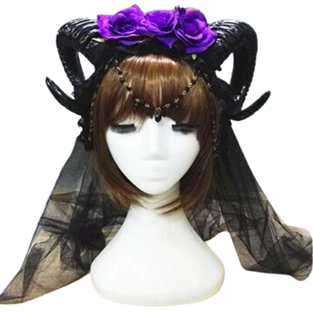 Avejjbaey Halloween Stirnband Horn Rose Haar Hoop Schleier Cosplay Kopfbedeckung