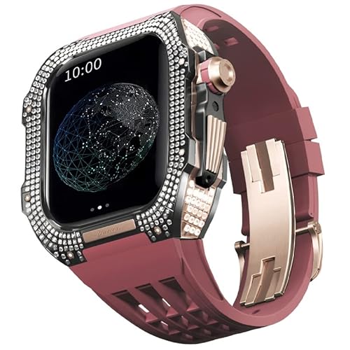 TONECY Gummiband, Titan-Lünette für Apple Watch 7/6/5/4/SE, Apple Mod Watch-Zubehör, Ersatz-Titan, Luxus-Gehäuse, kompatibel mit iWatch Serie 44 mm mit Werkzeug (Farbe: dunkelrot 7, Größe: 44 mm)