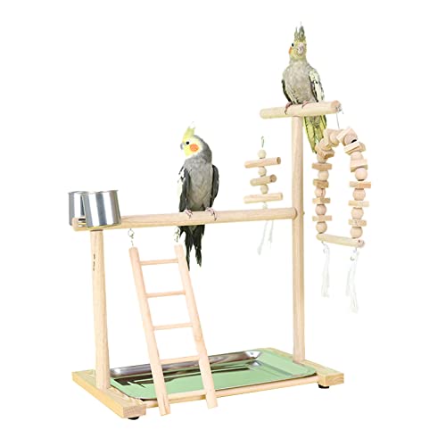 Vogelsitzstange aus Naturholz, Spielständer für Papageien, Spielständer für Sittiche, Nymphensittiche, mit Fütterungsbechern, Leiter, Kauspielzeug, Vogel Naturholz, Sitzstange mit Schalen, groß für