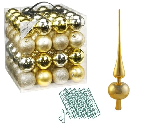 JACK 64x Kunststoff Christbaumkugeln Ø 6cm + Spitze 28cm inkl. Aufhänger Dekor Kugeln Set Weiß Rot Gold Grün Blau Silber, Farbe:Gold