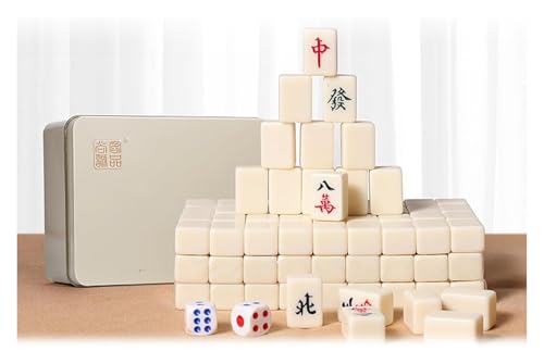 BFVAKBKYT Chinesisch Majong Set, Chinesische Mini-Daumen-Mahjong-Steine*144, massives Melamin, mit tragbarer Aufbewahrungsbox aus Metall + Tischdecke + 2 Würfel + 4 Steinboxen,(Ivory)