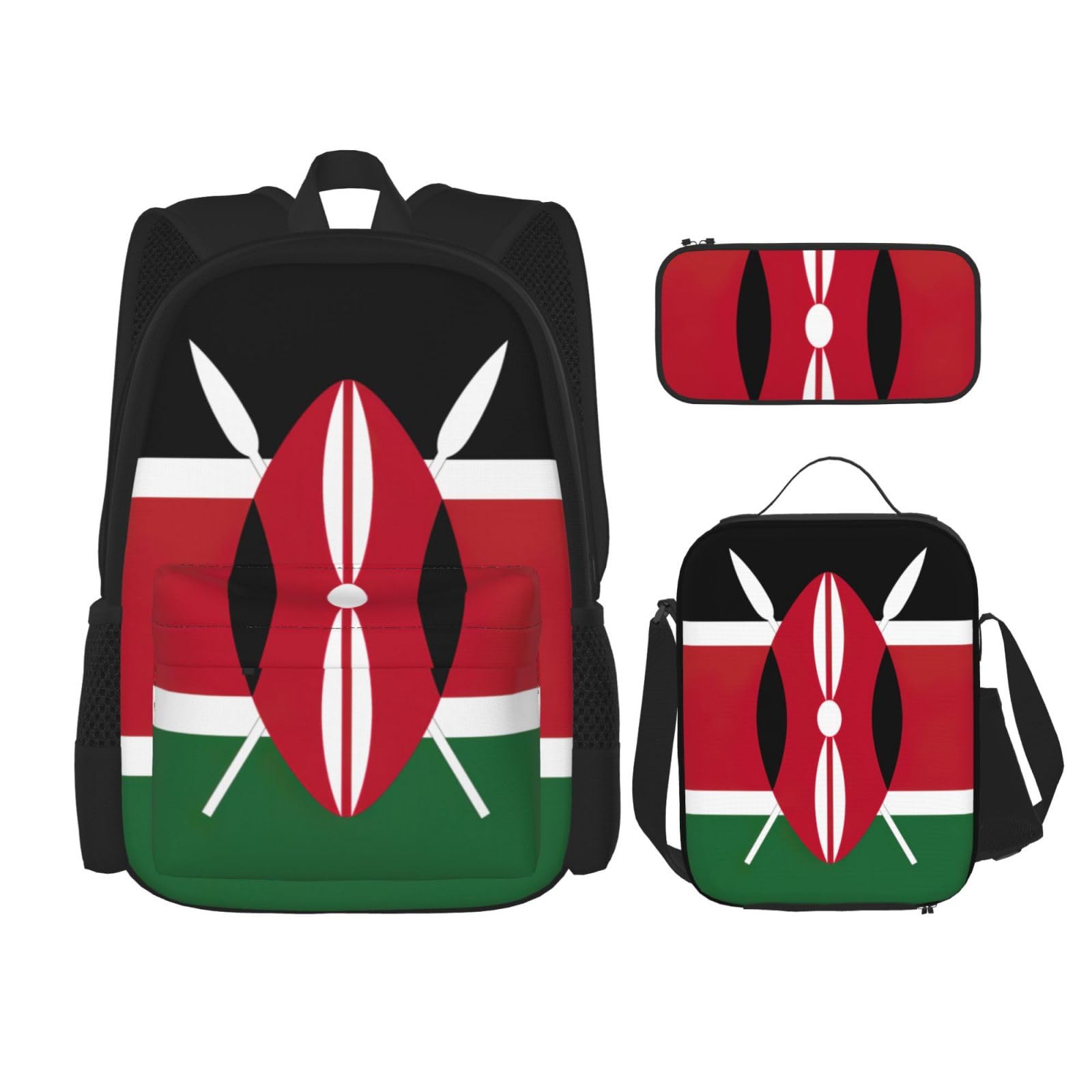 WURTON Flagge von Kenia Druck Reise Lunchbox Federmäppchen Rucksack Set 3 Stück Verstellbare Träger Leicht, Schwarz, Einheitsgröße, Schwarz, One Size