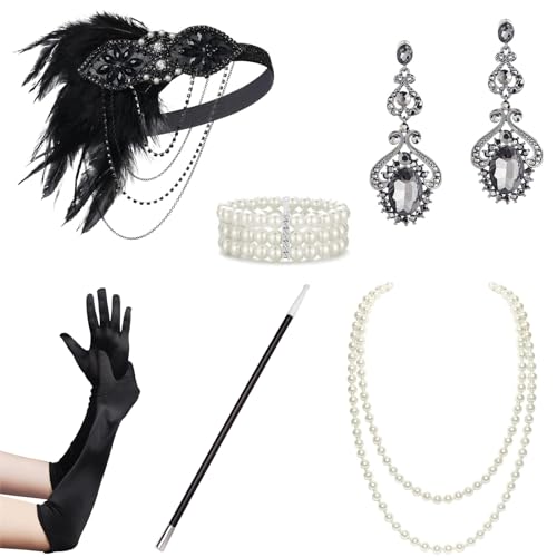 SANRLO Stirnbänder, Haar-Accessoires für Damen, Vintage-Flapper-Kostüm, 1920er-Jahre, GreatGatsby-Kopfschmuck, Satin, Handschuhe, Ohrringe, Halskette, Abschlussball, Party-Zubehör-Set