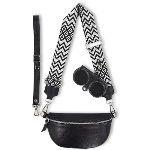 Blade Bauchtasche Damen Echtleder, stylisch Umhängetasche Damen, Crossbody Bag Damen mit 2 abnehmbaren verstellbaren Schultergurten und mit SONNENBRILLEN Etui für Frauen-Schwarz (Klein/OPT-2)