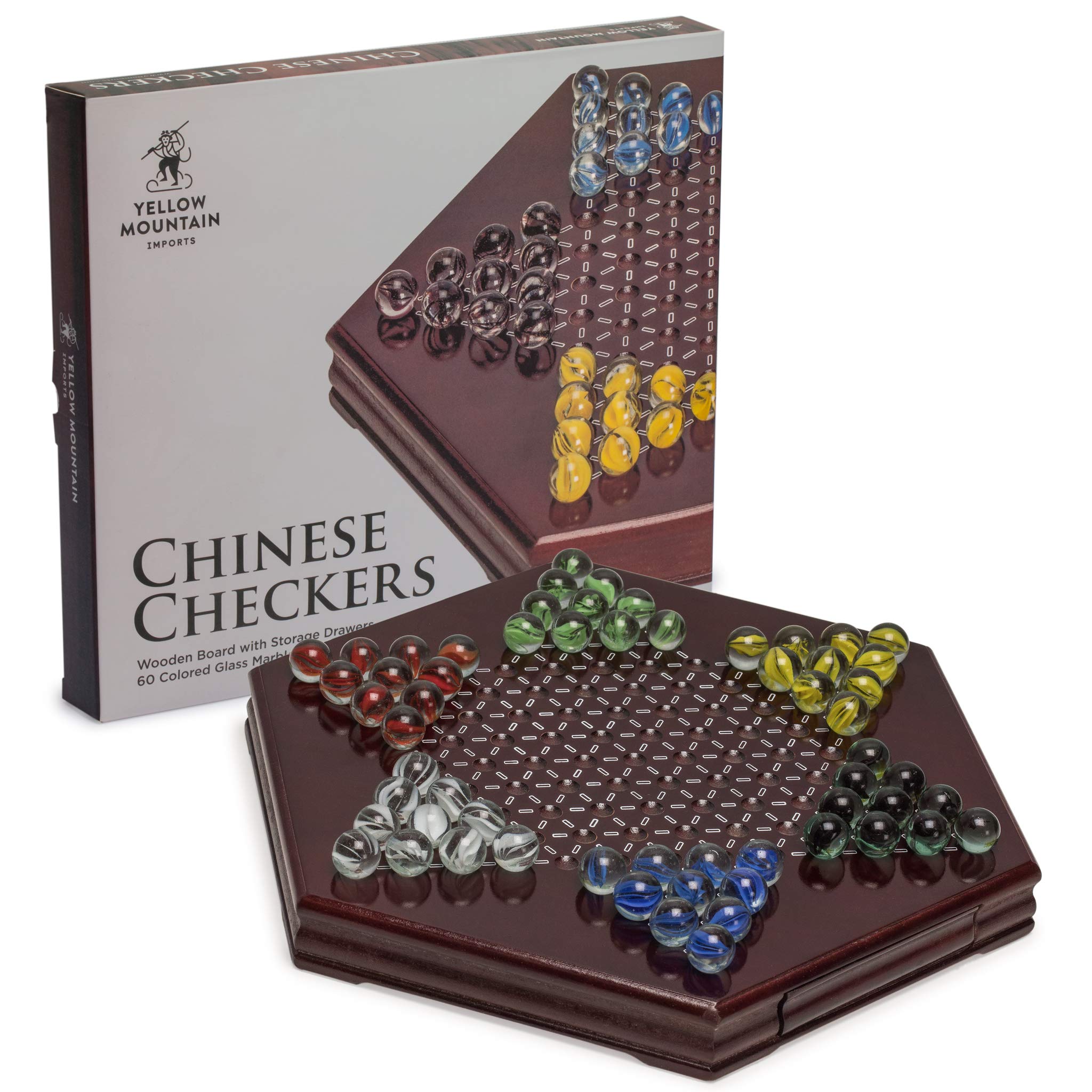 Yellow Mountain importiert Brettspielset aus Holz mit chinesischen Schachbrettmuster (30.5cm) mit Aufbewahrungsschublade und 60 farbigen Glasmurmeln (14 mm) - Klassisches Strategiespiel