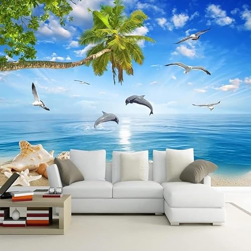 Blick Auf Das Mittelmeer Mit Delphinen Und Kokosnussbäumen 3D Tapeten Wanddekoration Fototapete Sofas Wohnzimmer Wandbild Schlafzimmer-150cm×105cm