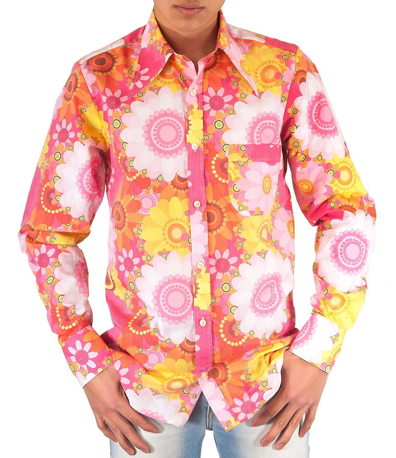 Comycom Buntes 70er Jahre Blumen Flower Power Hemd pink 4XL