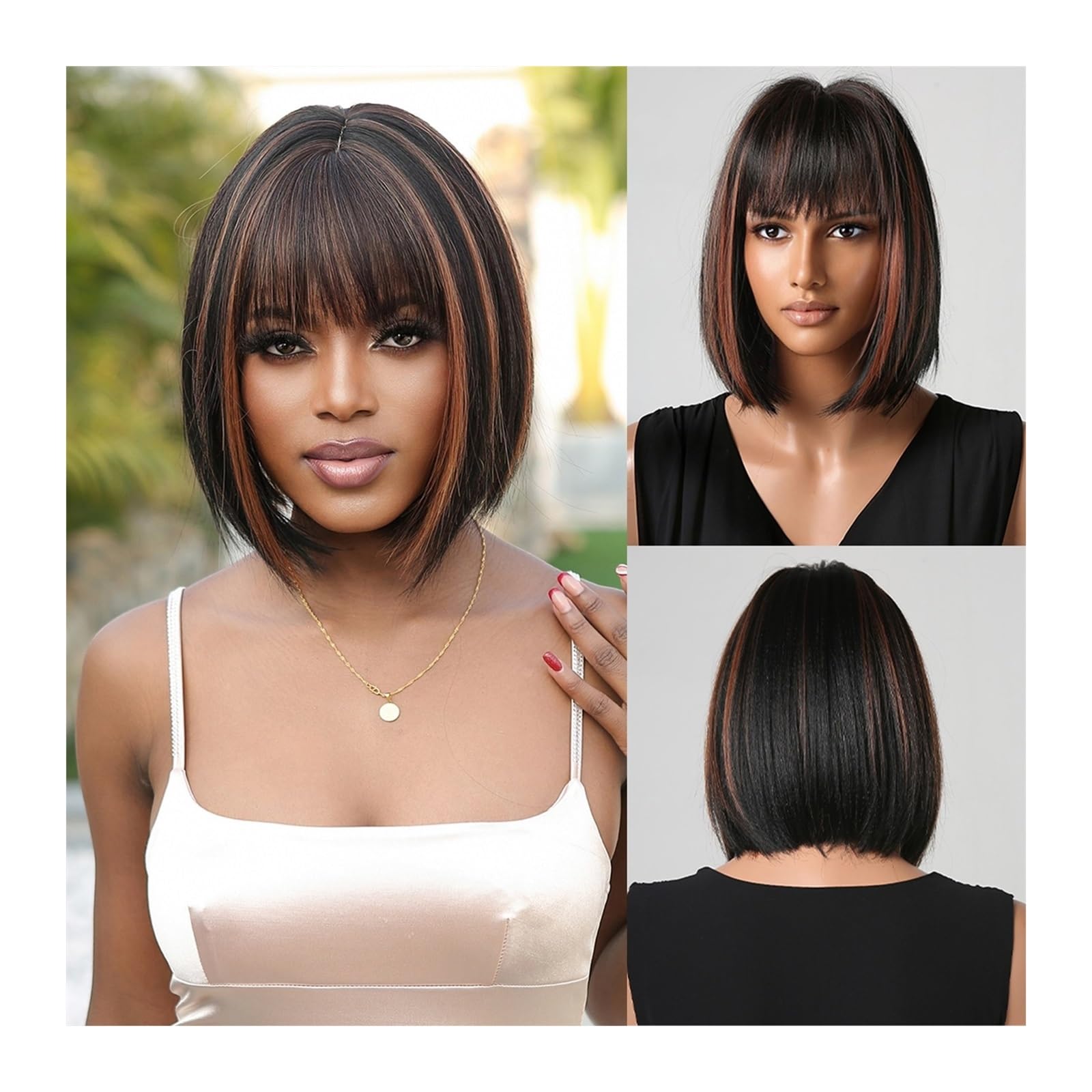 Perücken Natürliches Haar, hitzebeständig, for den täglichen Gebrauch, gerade Perücke, schwarzblond, Highlight-Perücken, kurze Bob-Synthetik-Perücke for schwarze Frauen, Cosplay Damenperücke(LC2080-1)