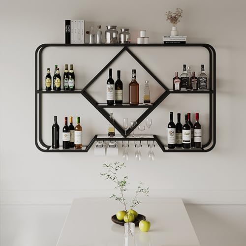 HSJFS Metall Wein Rack Wand Montiert Mit Hängendem Wein Glas Halter Rack Liquor Regal Mini Bar Küche Speicher Rack Wand Bar Schrank Liquor Flasche Display Regal Für Küche Esszimmer Bar Dekoration/Blac