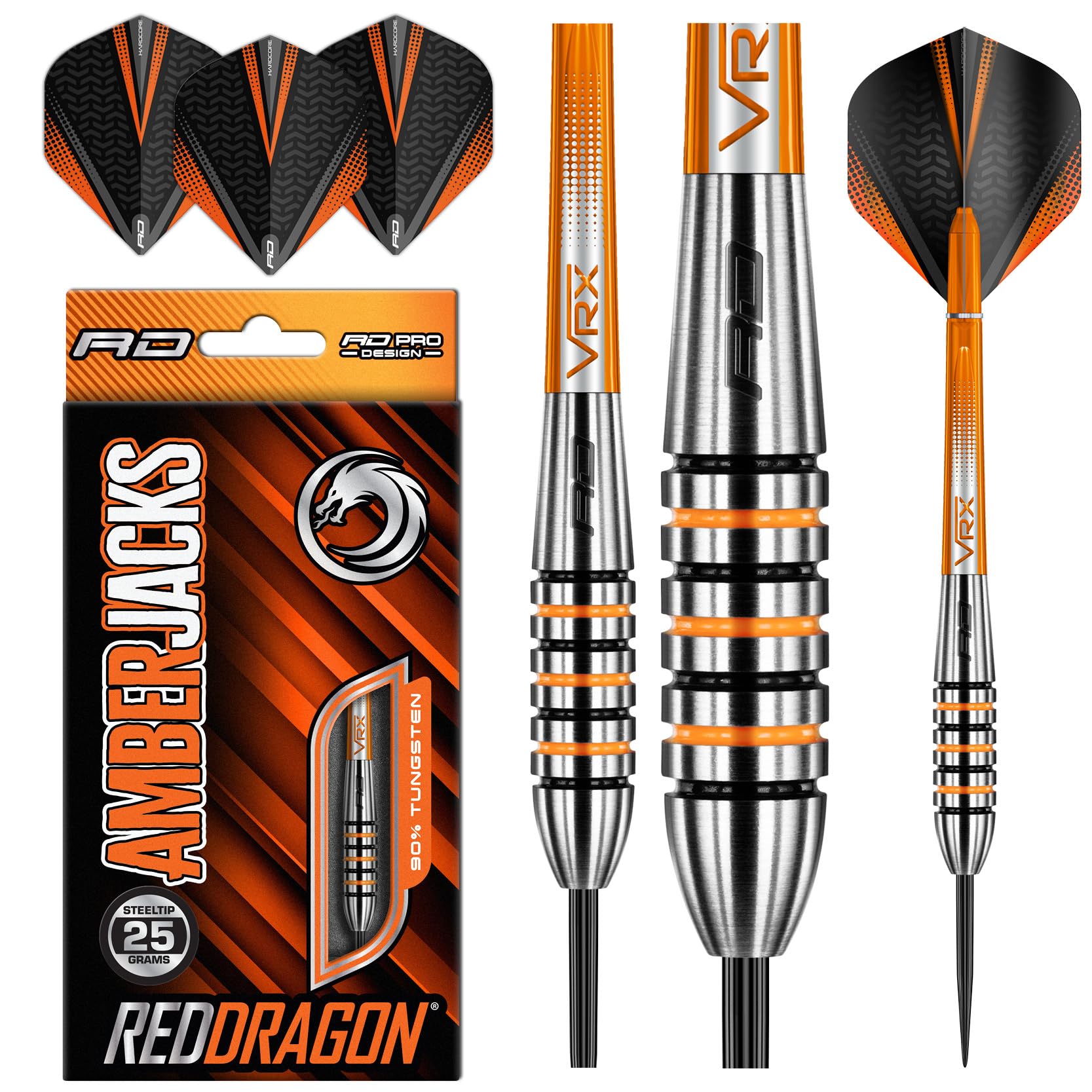 RED DRAGON Amberjack Series Steel Profi Dartpfeile Steeldarts Set mit Flights und Schäfte