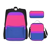 WURTON Trendige Rucksacktaschen mit Pride-Flaggen-Motiv, Lunchbox und Federmäppchen, 3-in-1, verstellbares Rucksack-Set, Schwarz , Einheitsgröße