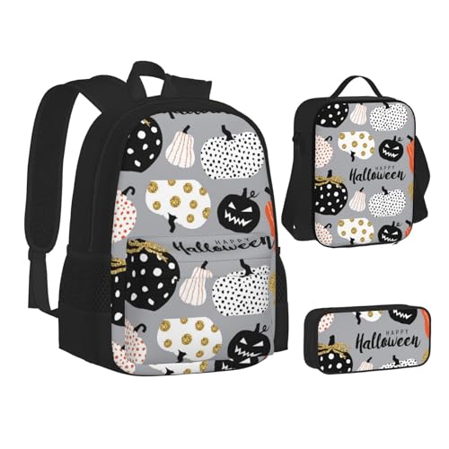 WURTON Happy-Halloween-Day-Trick-or-Treat-Print Teen Rucksack Set von 3 in 1 (Federmäppchen + Schultasche + Lunchtasche Kombination)