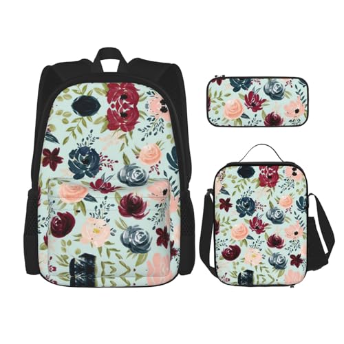 WURTON Schulterrucksack, 3-in-1-Büchertaschen-Set, Lunchbox, Federmäppchen, Reise-Laptop, Tagesrucksack, Kastanienbraun und Marineblau, Schwarz, Einheitsgröße